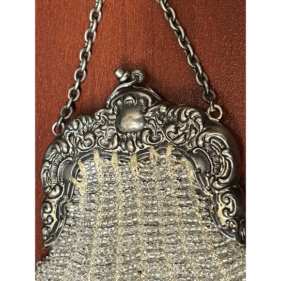 Antique German Silver Beaded Chatelain Coin Purse Repousse - Picture 2 of 5